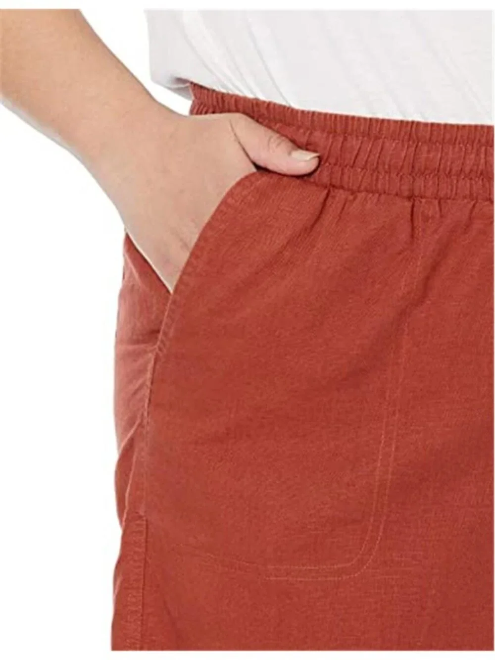 Womens Linen Blend Shorts Drawstring Elastic Waist Terracotta Summer Casual 5in